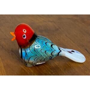 Handblown Glass Magpie Bird Figurine Opalescent Colors Blue Red Head 1 1/2" READ